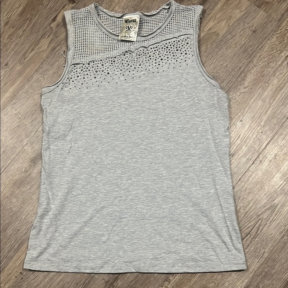 Vocal Light Gray Muscle Tee with Studded Mesh Yoke